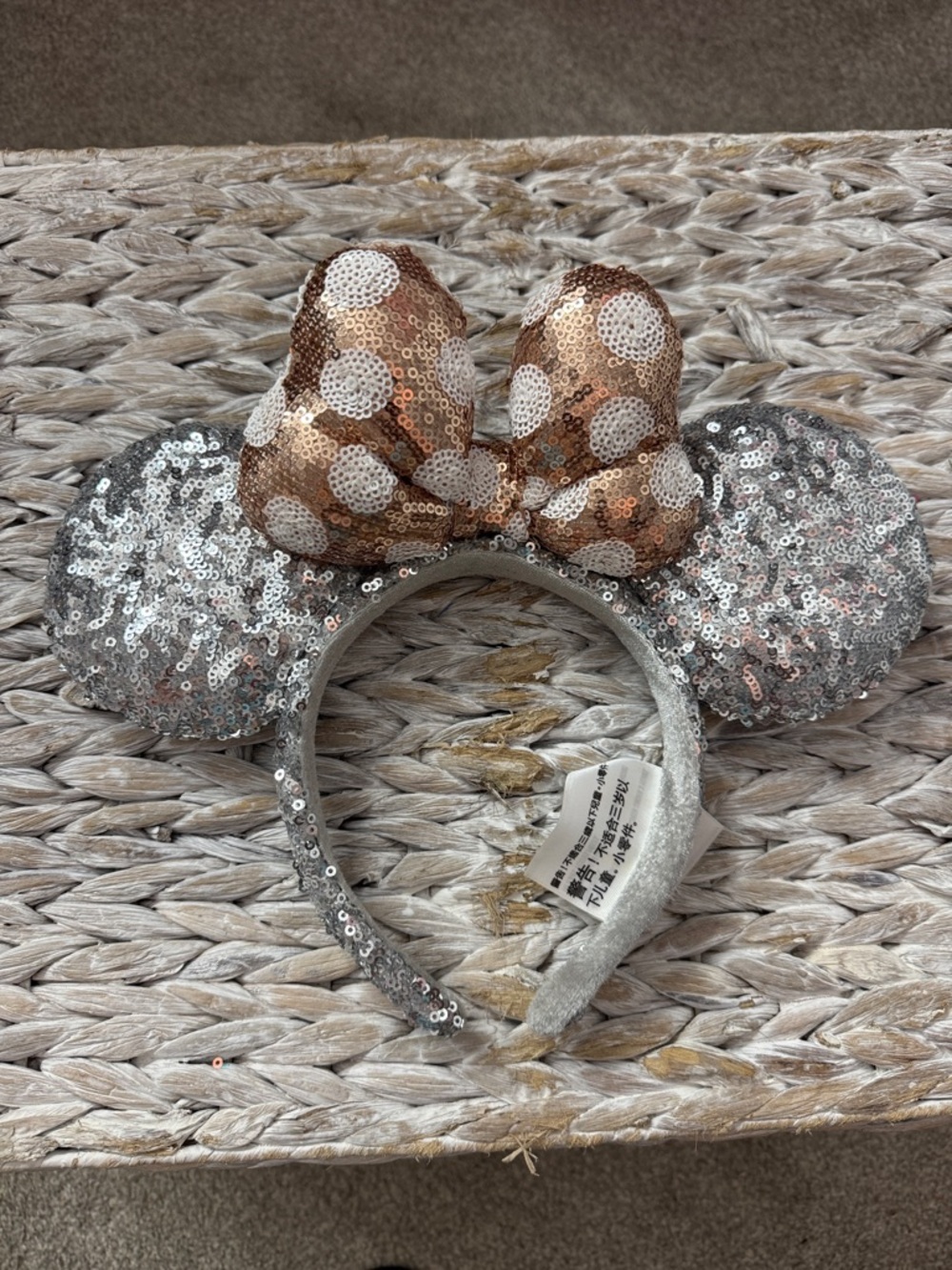 Disney Silver Sequin Minnie Ear Headband with Rose Gold Polka Dot Bow